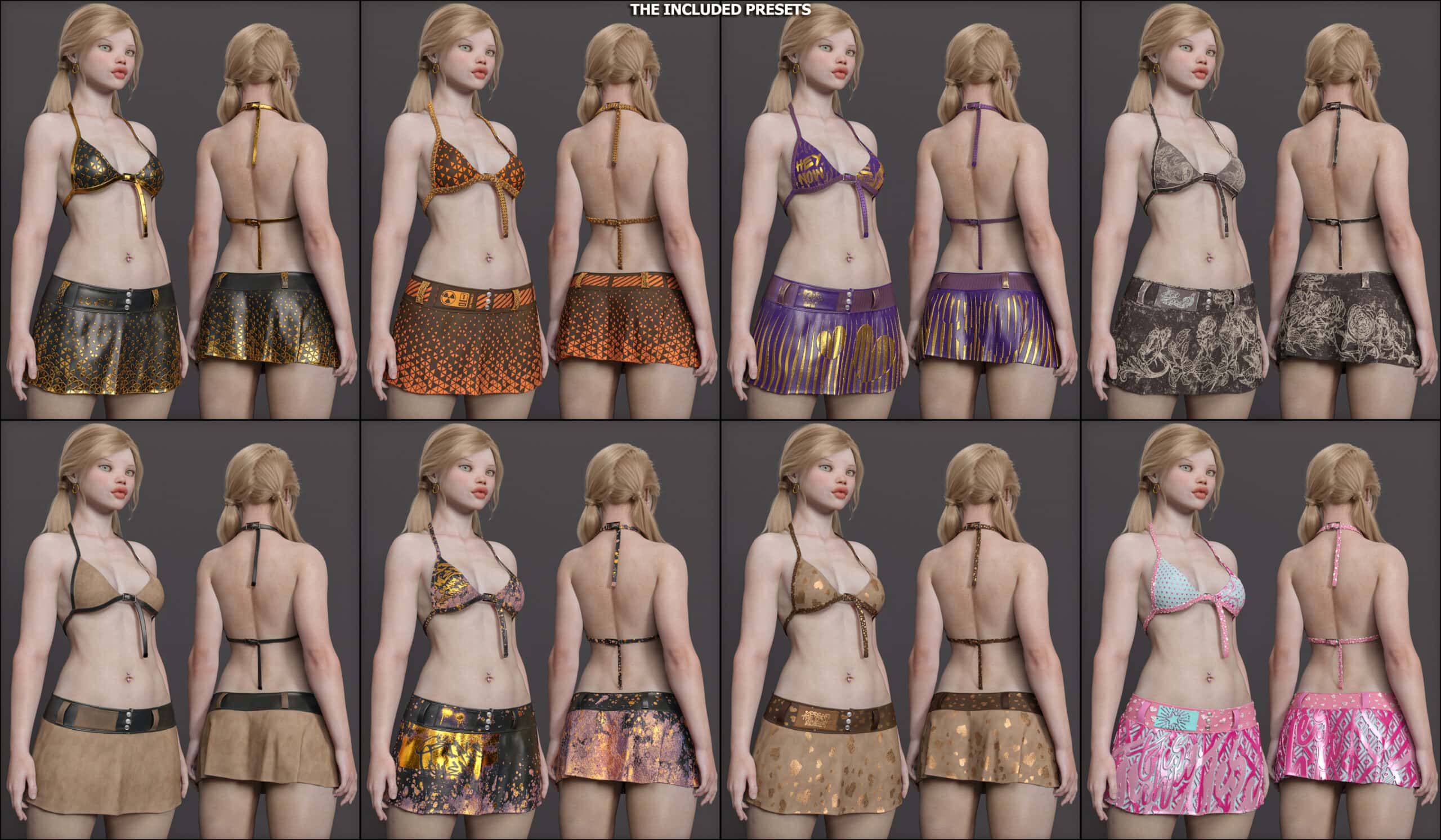 Eight diverse 3D bikini outfit variations with vibrant colors, patterns, and textures for customization.