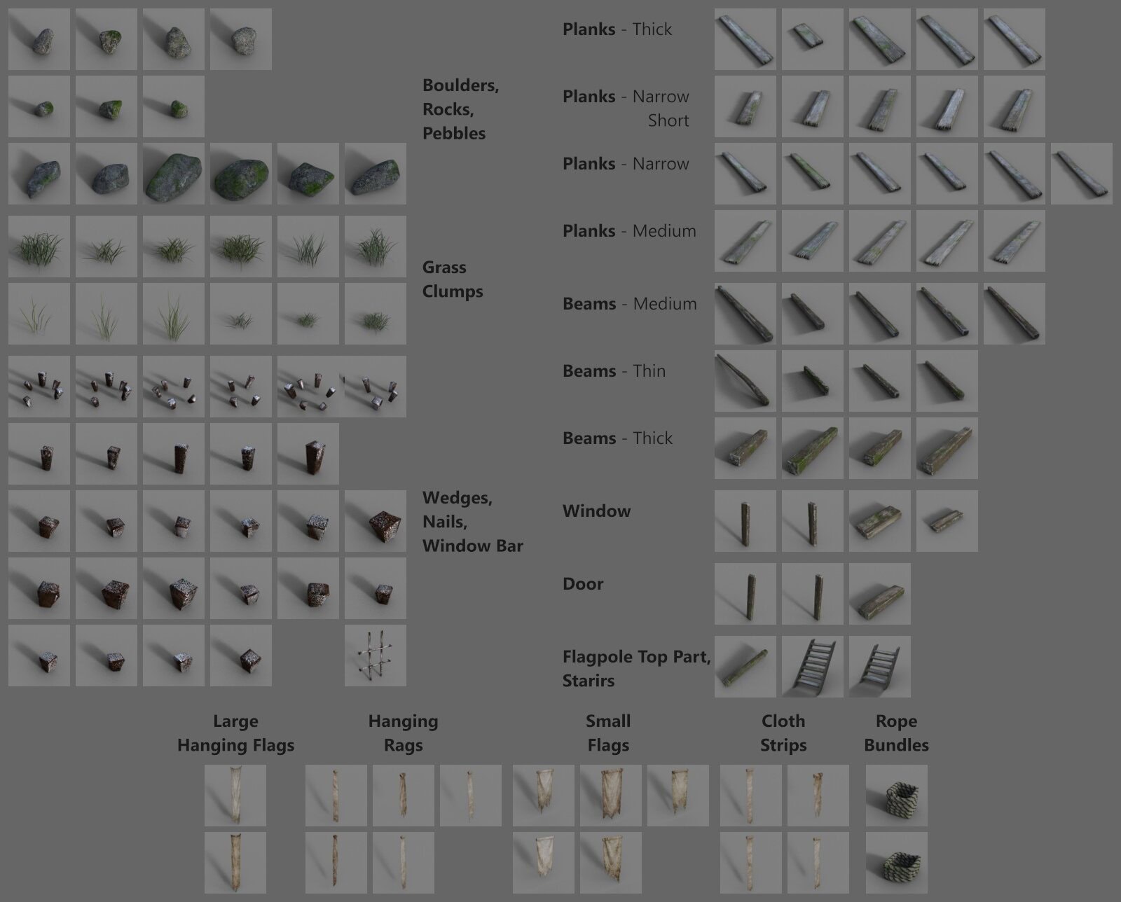 Complete 3D game environment assets pack: natural, wooden, mechanical, and decorative elements for design.