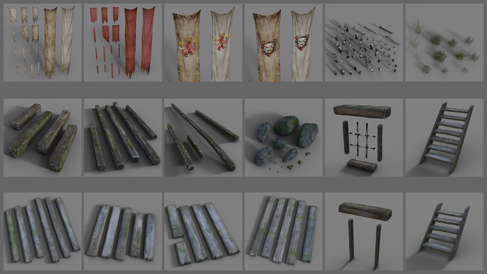 Medieval themed game environment assets including banners, wooden structures, stones, and ladders.