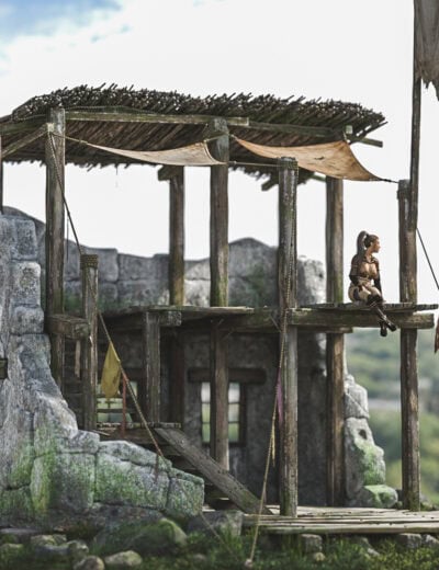 Rustic outpost with tribal sentinel overlooking peaceful wilderness and distant village.