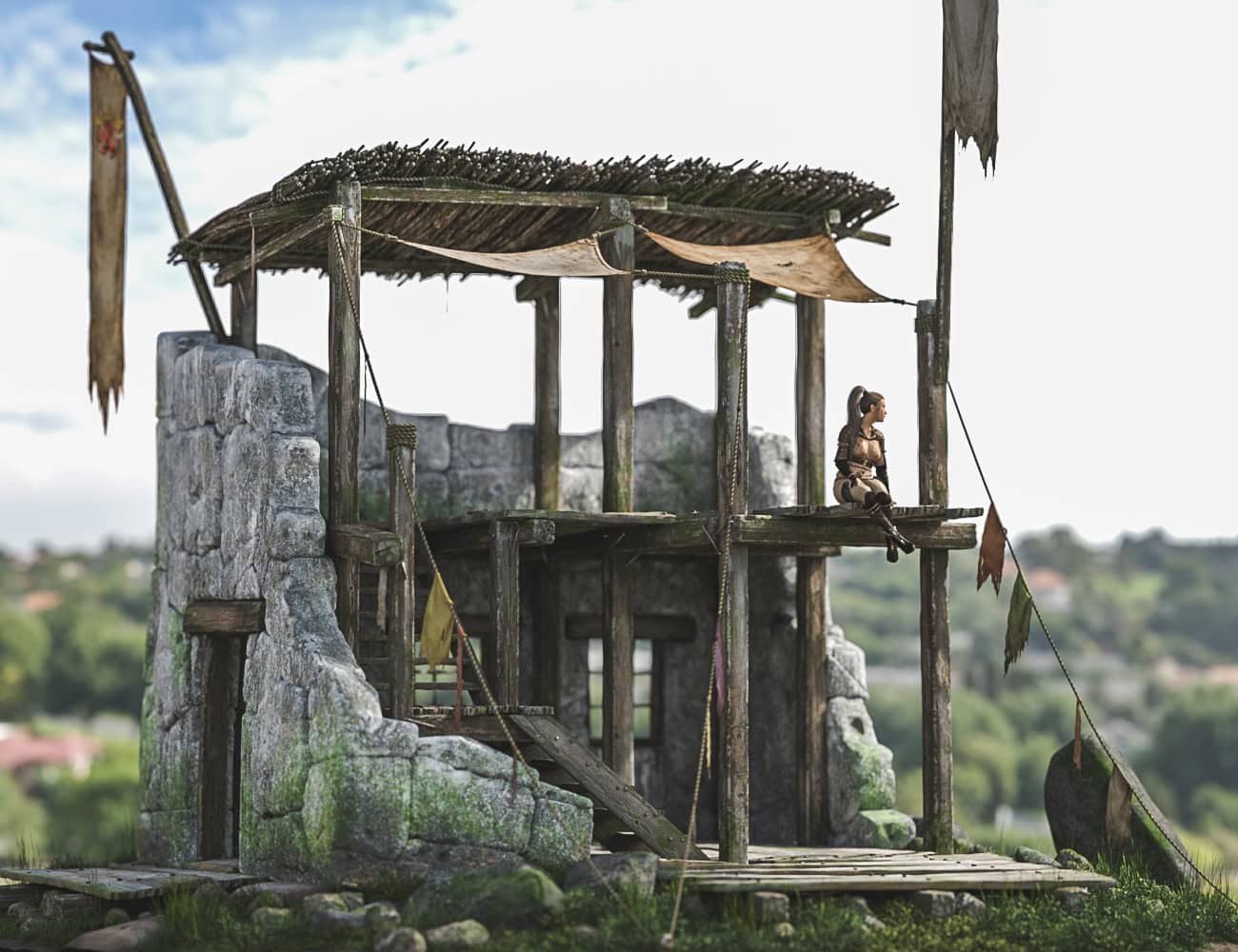 Rustic outpost with tribal sentinel overlooking peaceful wilderness and distant village.