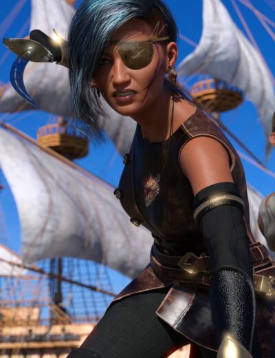 Fierce female pirate with blue hair, golden eyepatch, commanding stance on ship deck.