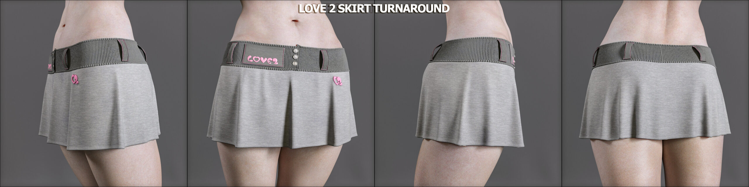 3D model of sporty gray pleated short skirt with wide waistband, buttons, and logo patch from multiple angles.