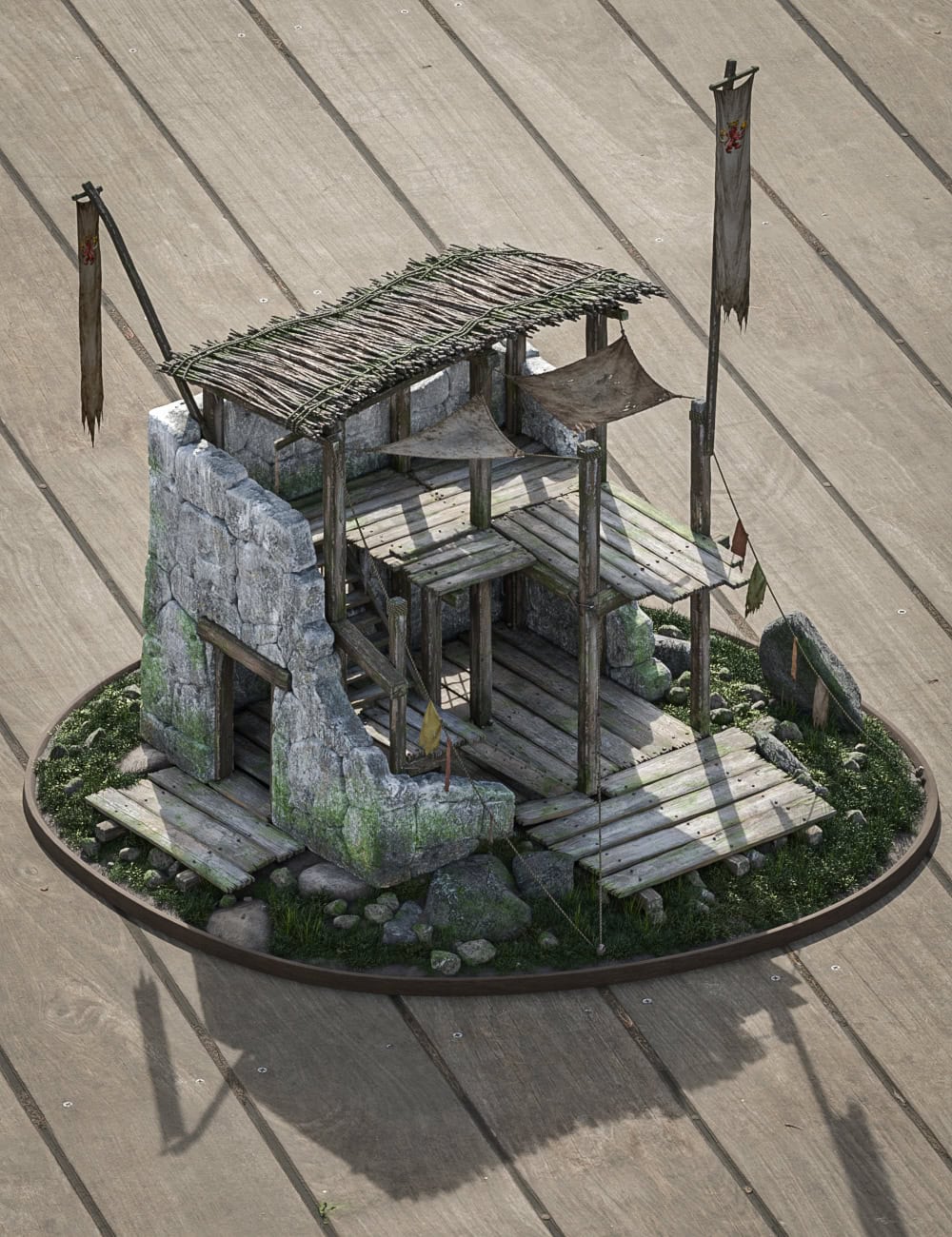 Rustic ruined outpost model with banners, moss, overgrowth, and weathered stone and wood details.