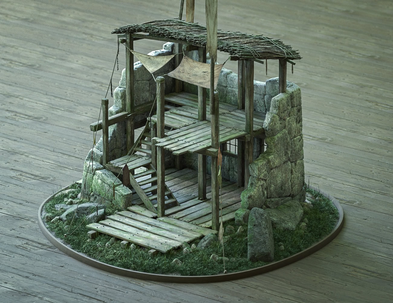 Miniature rustic woodland ruin with weathered wood, mossy stones, and a worn, makeshift roof.