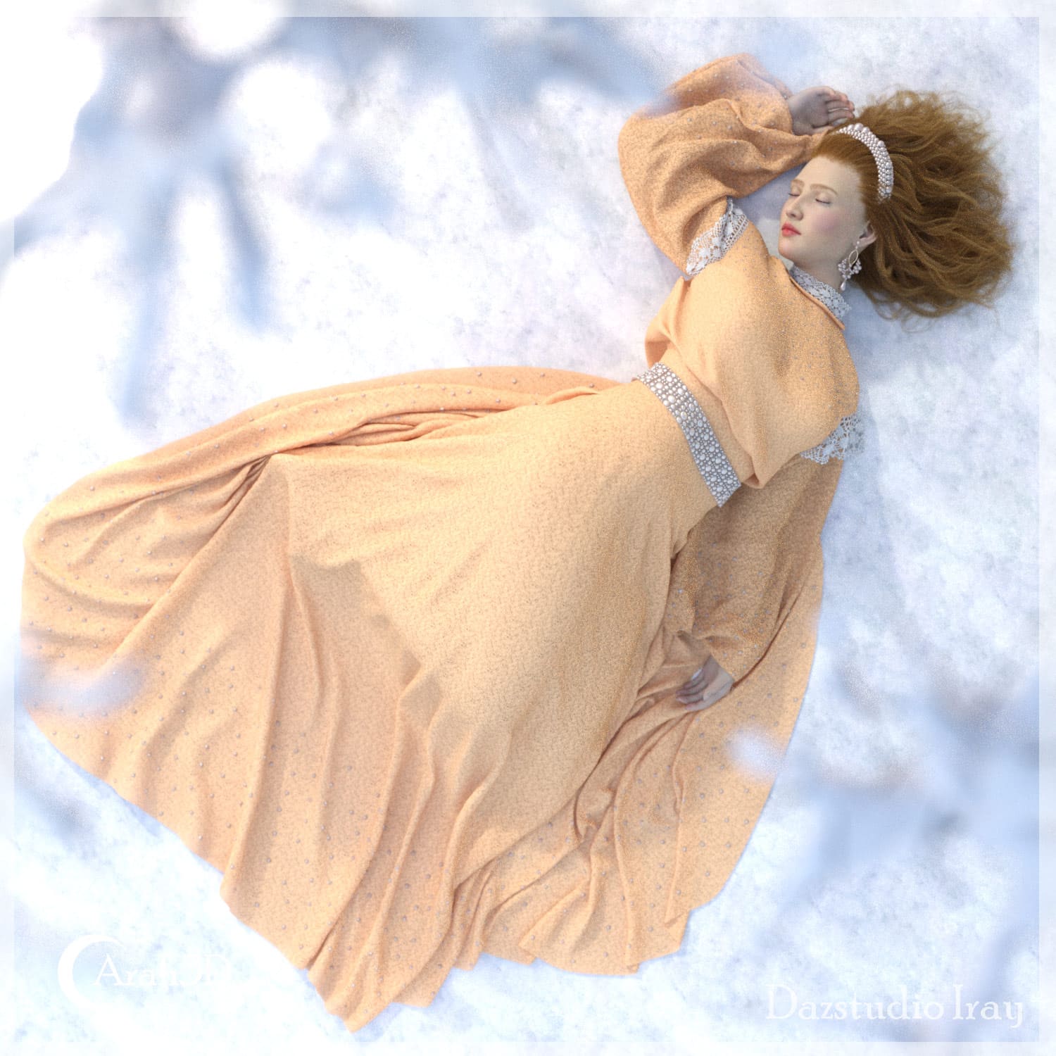 Sleeping princess in snowy winter scene with peach gown, silver accents, and flowing auburn hair.