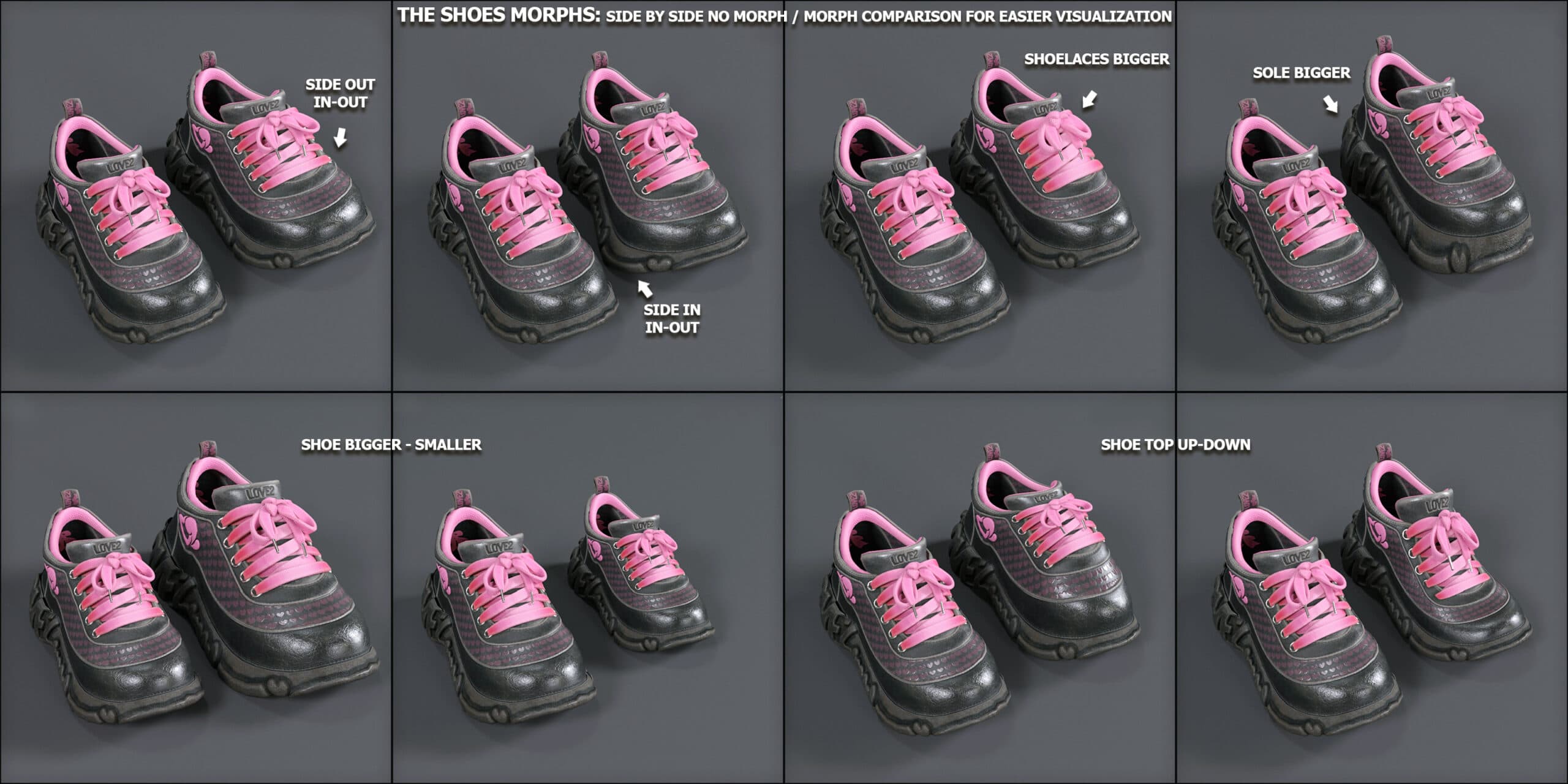 Comparison of 3D sneaker shape, size, and proportion morphs for digital footwear design.