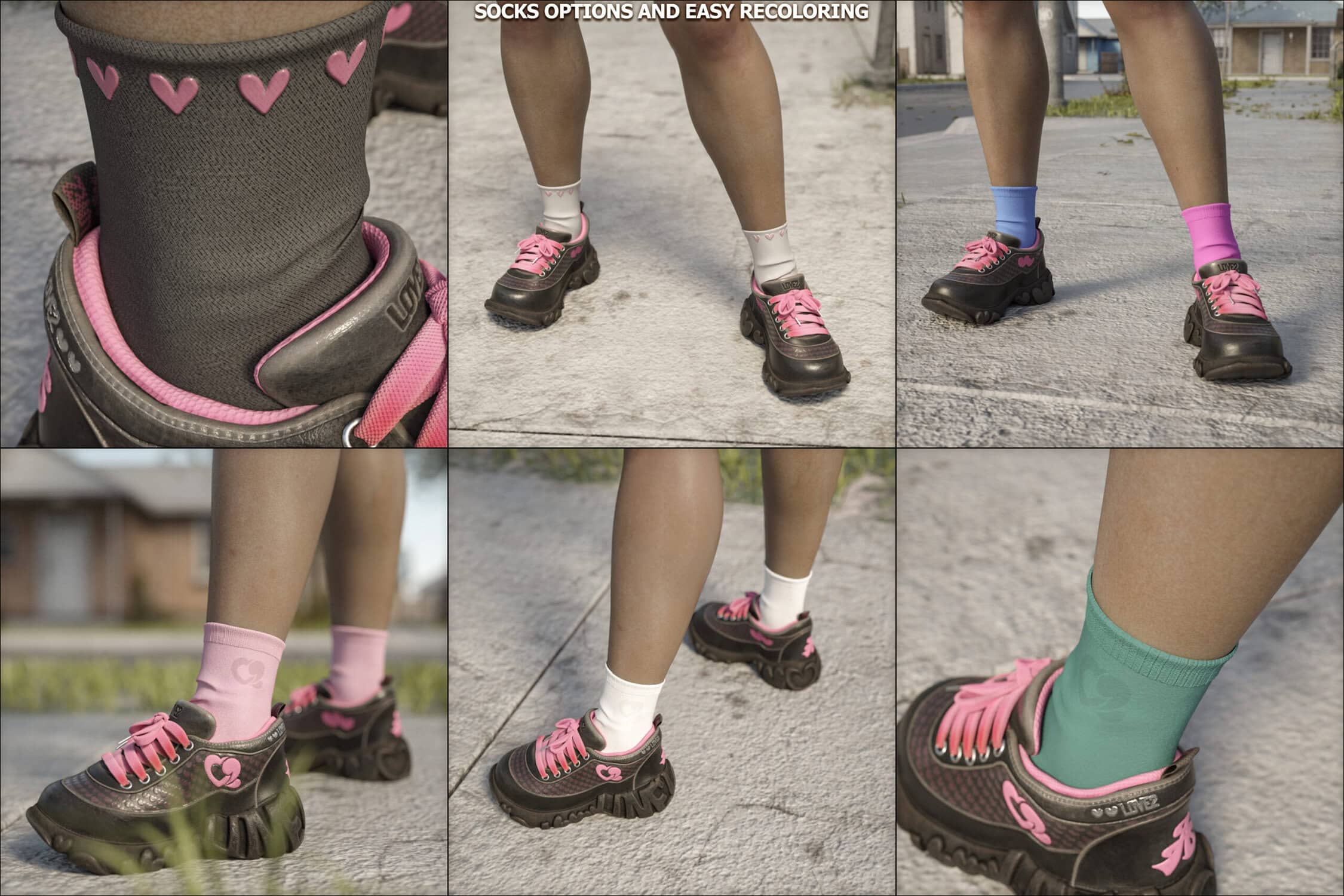 Different sock styles paired with bold chunky pink and black shoes outdoors.