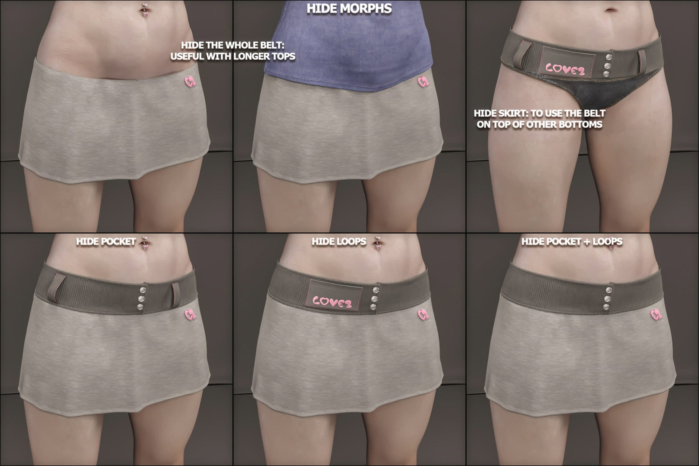 Six customizable 3D skirt styles with hide morphs for flexible digital fashion design.