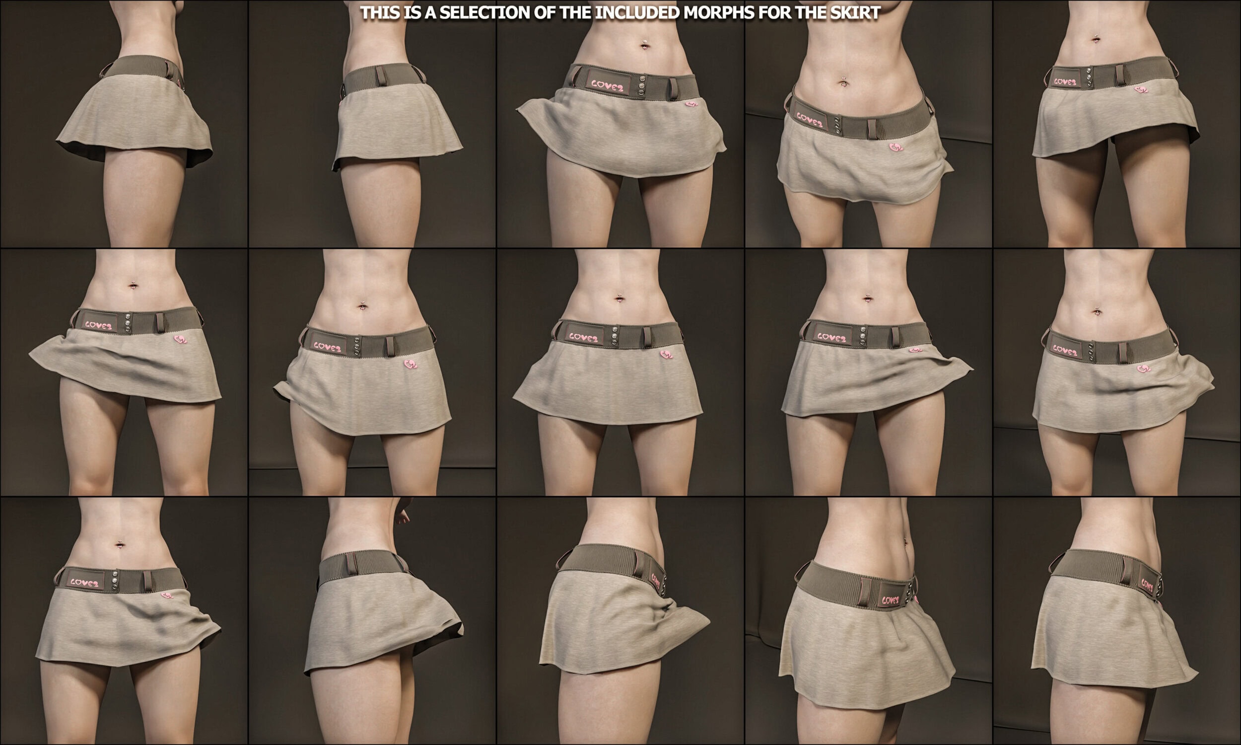 15 realistic 3D skirt morphs for lifelike cloth animation and dynamic movement demonstration.