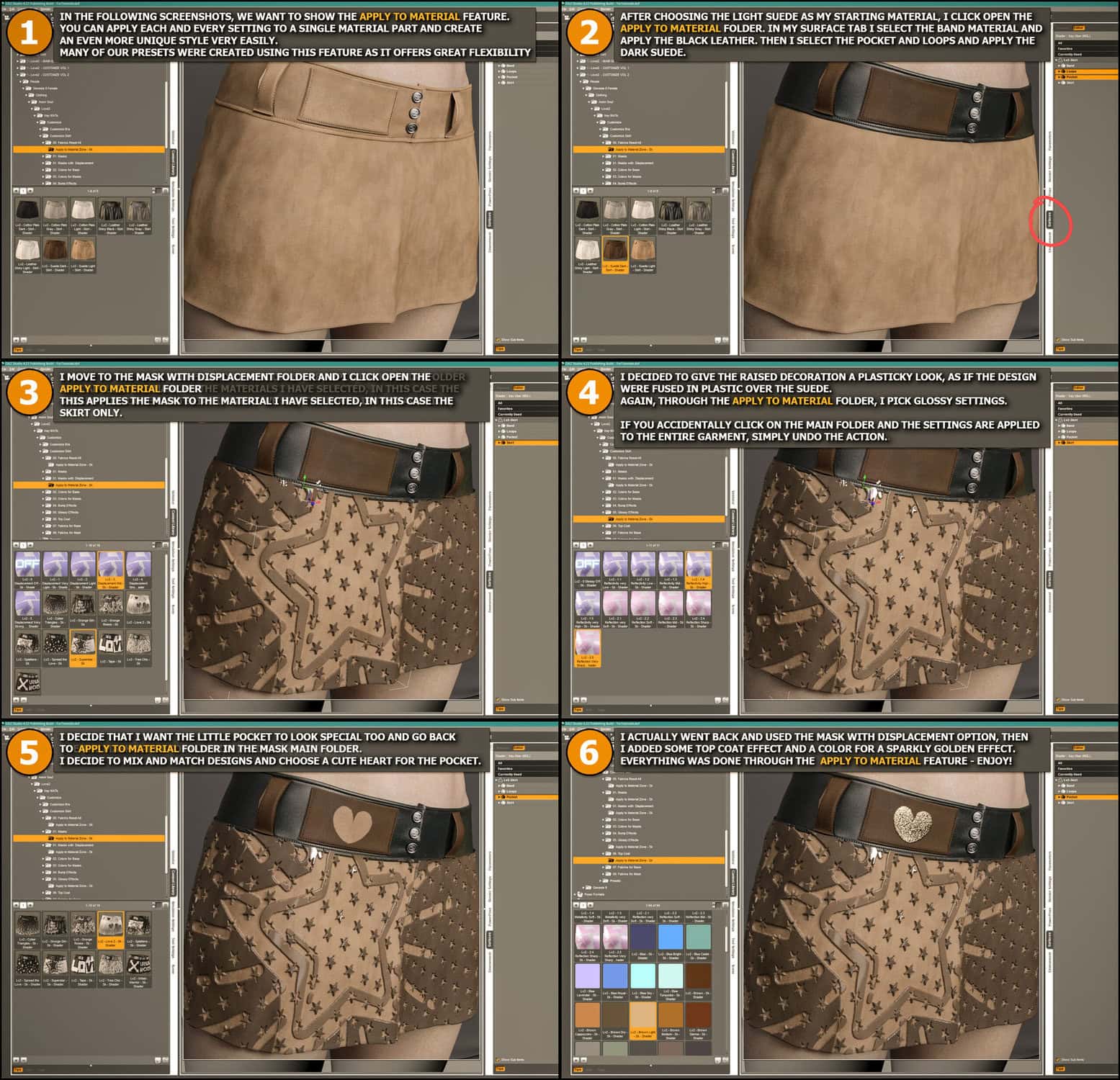 Six-step tutorial on texturing and decorating a 3D suede skirt in digital art software.