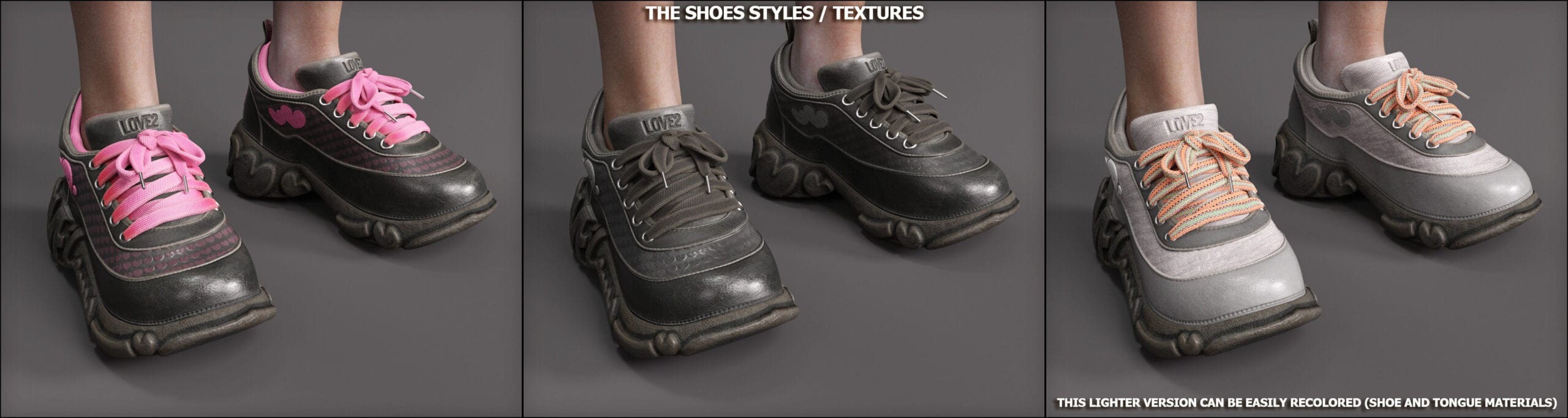 Three stylish chunky sneakers in colorful, neutral, and textured designs for streetwear and fashion.