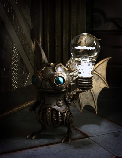 Steampunk brass robot bat holding glowing lightbulb with illuminated bat image in industrial setting.