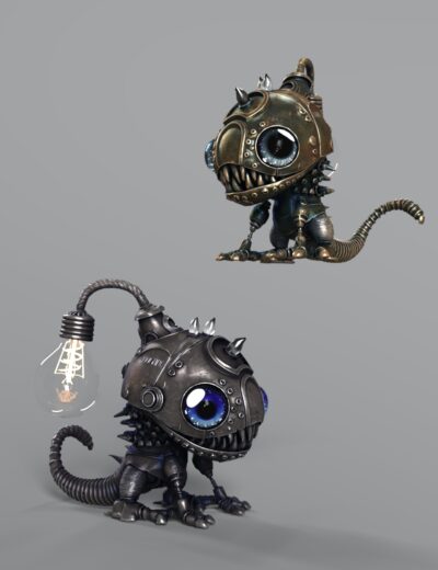 Two steampunk robotic creatures with expressive blue eyes and detailed vintage-metal designs.