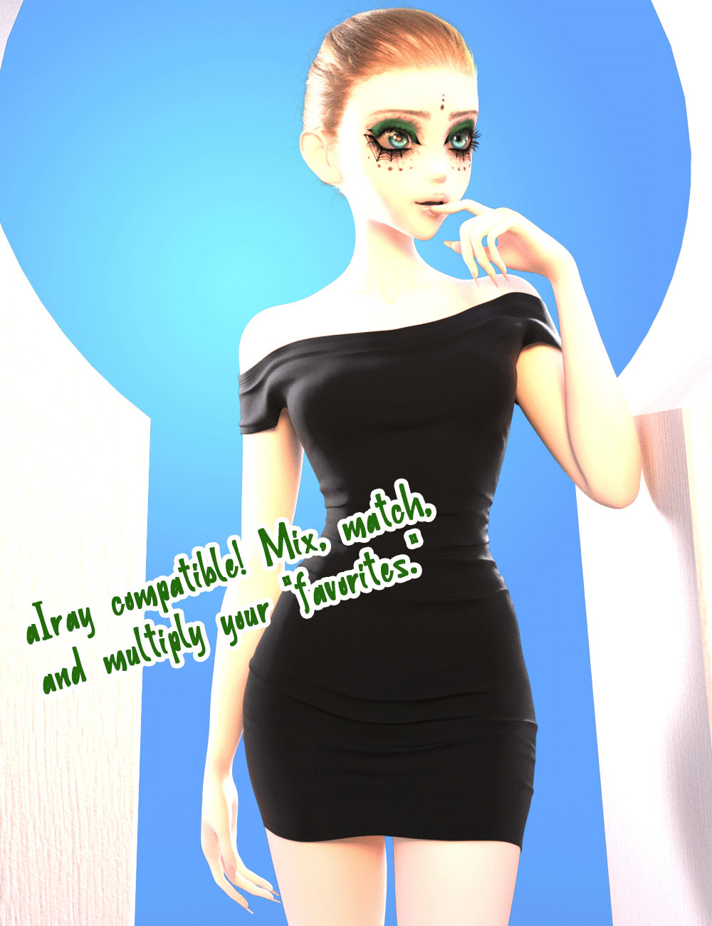 Stylized 3D female model in black dress with green eyes against vibrant spotlight background.
