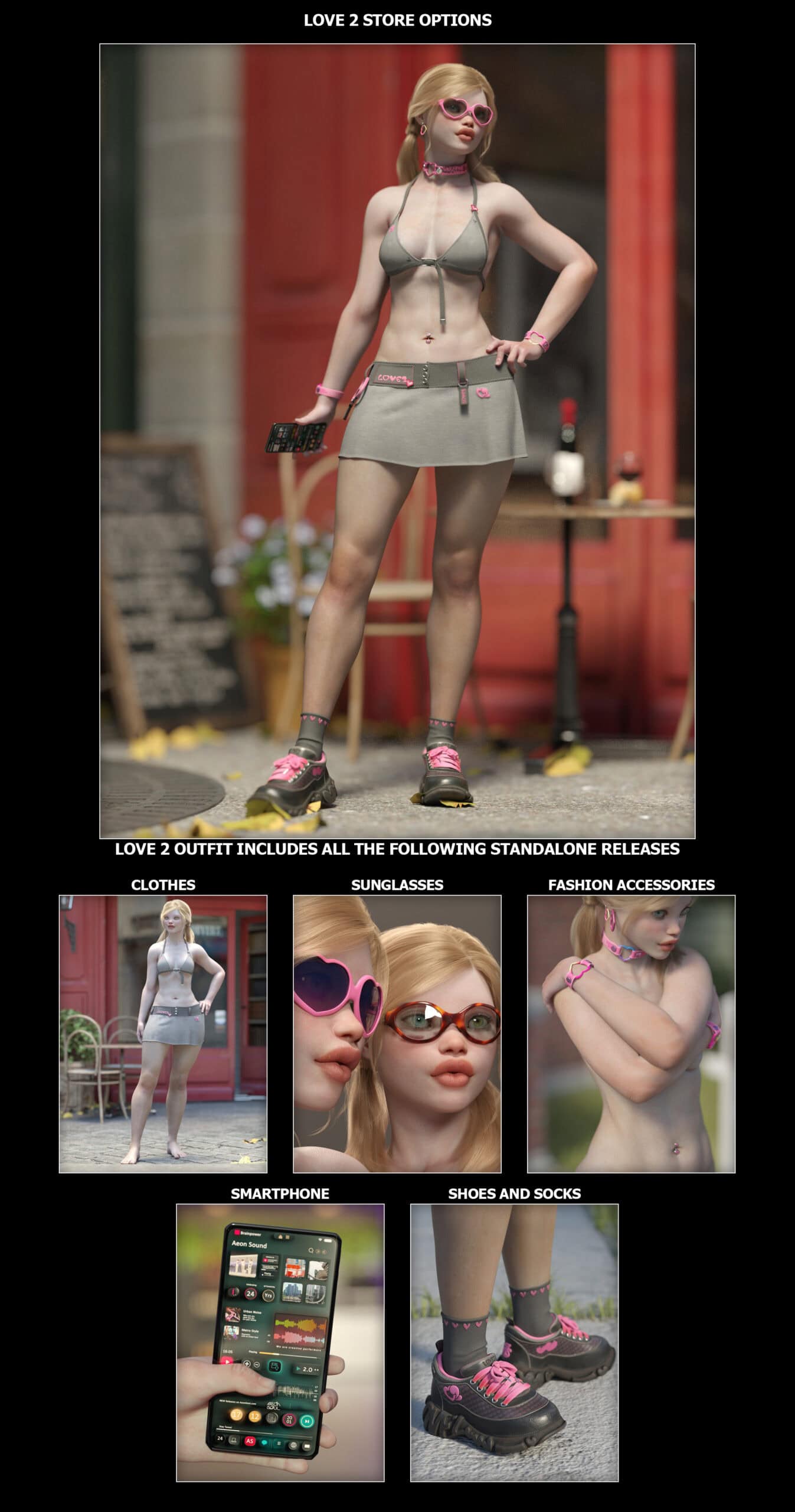 3D summer outfit bundle with stylish clothing and accessories for digital characters.