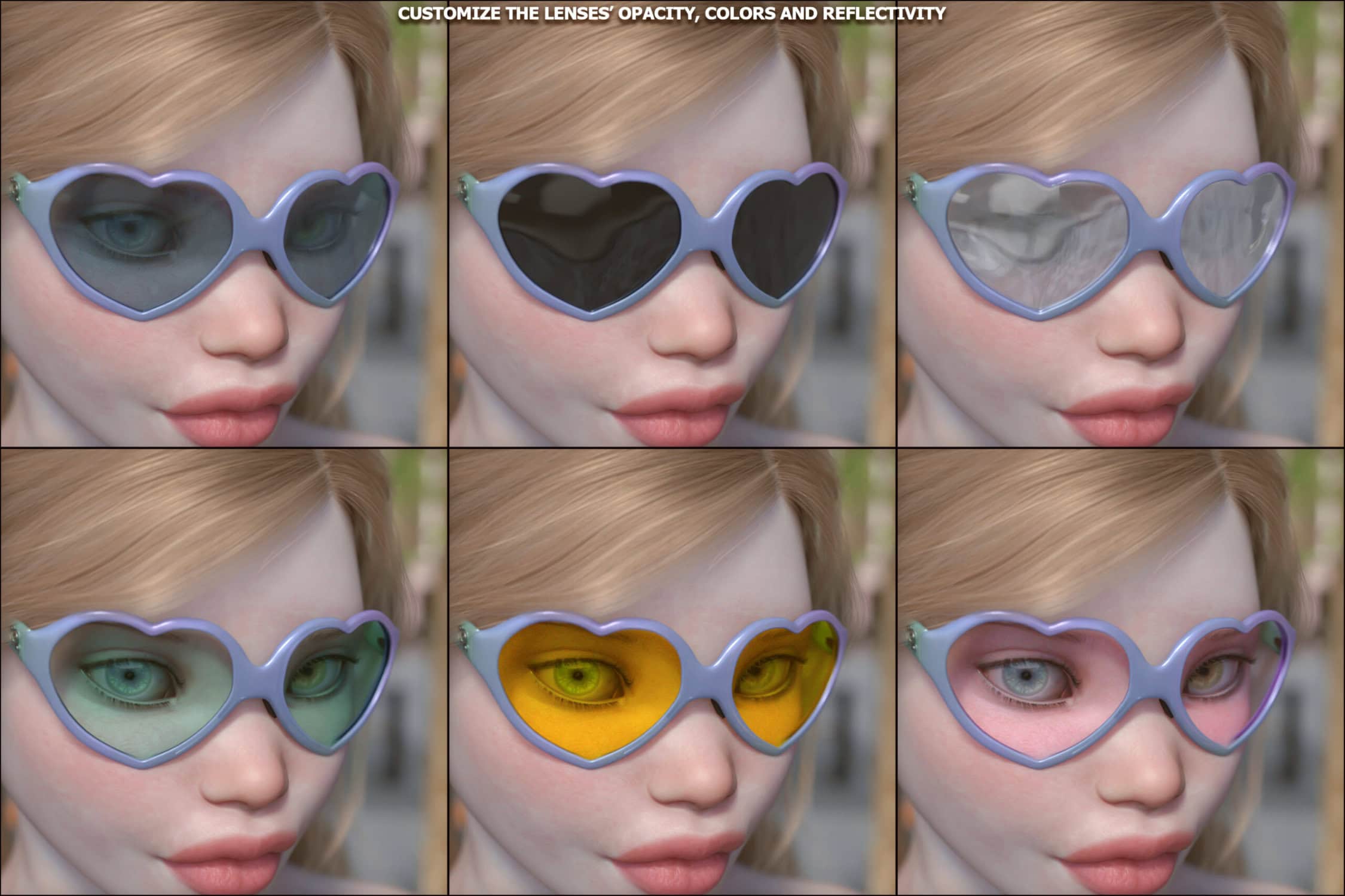 Six female models showcase customizable heart-shaped sunglasses with varied lens colors, opacity, and reflectivity.