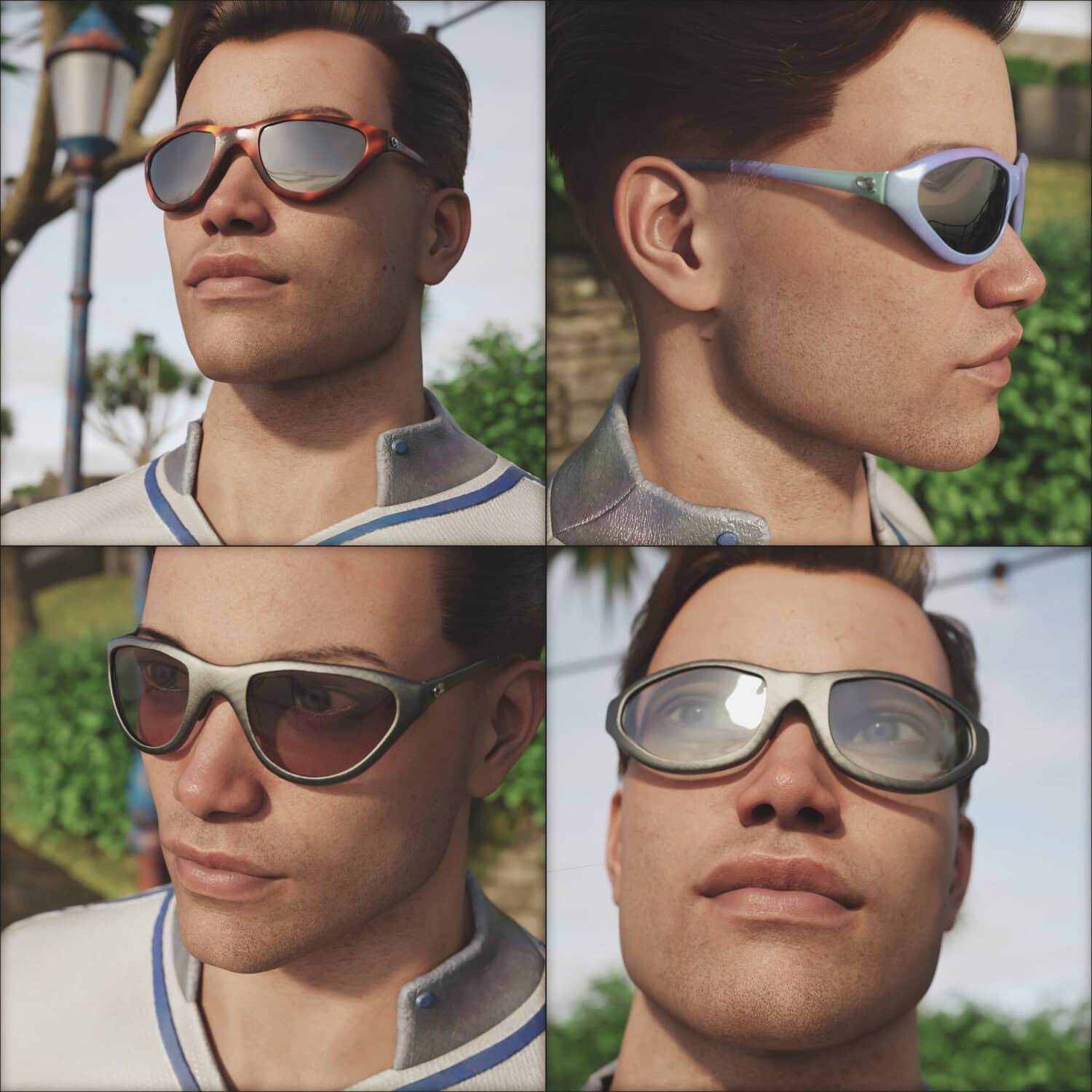 Young man modeling four trendy sunglasses outdoors in a lush tropical setting with greenery and palm trees.