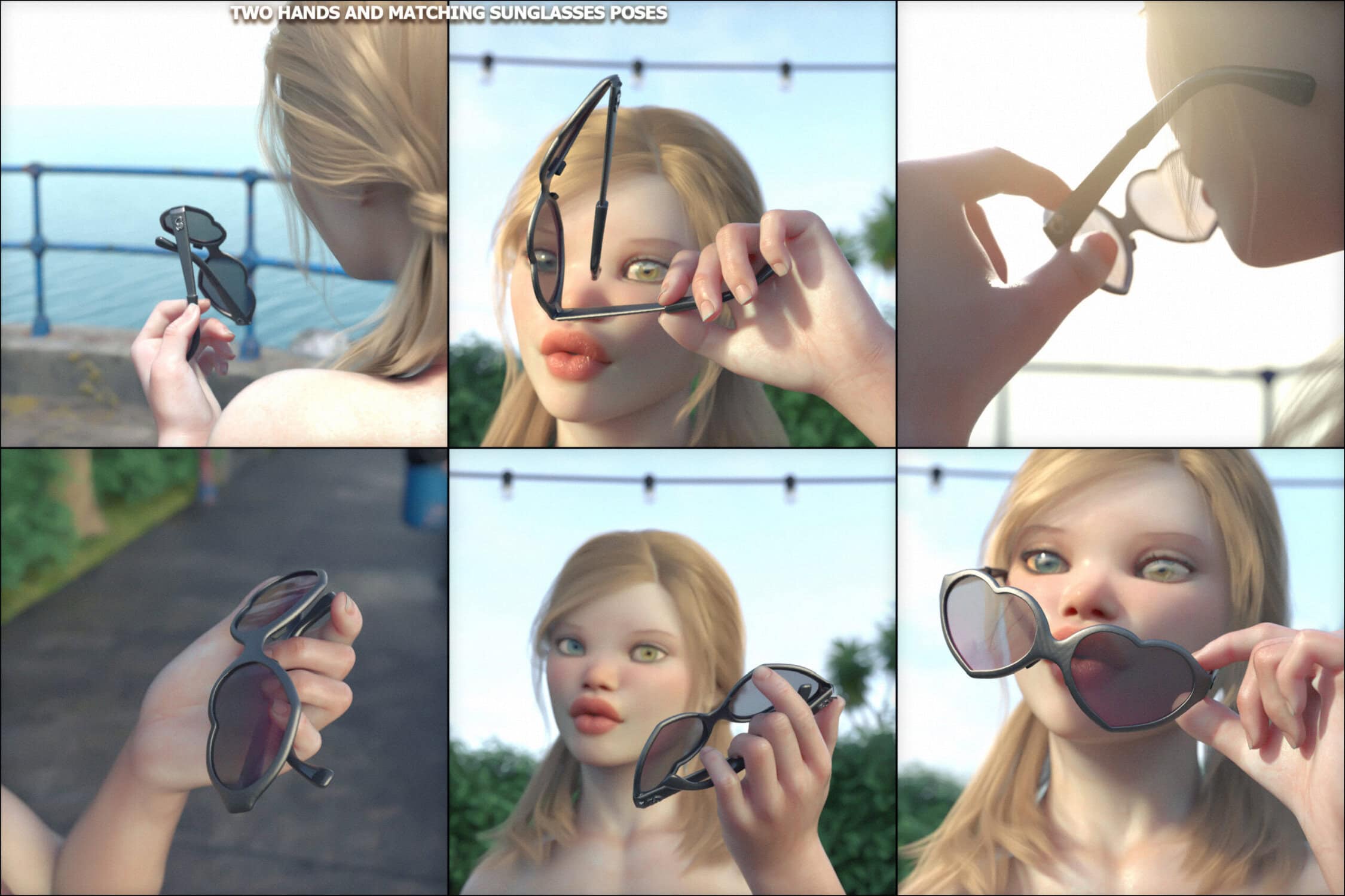 Digital female model tries on stylish heart-shaped sunglasses outdoors, showcasing confidence and fashion.