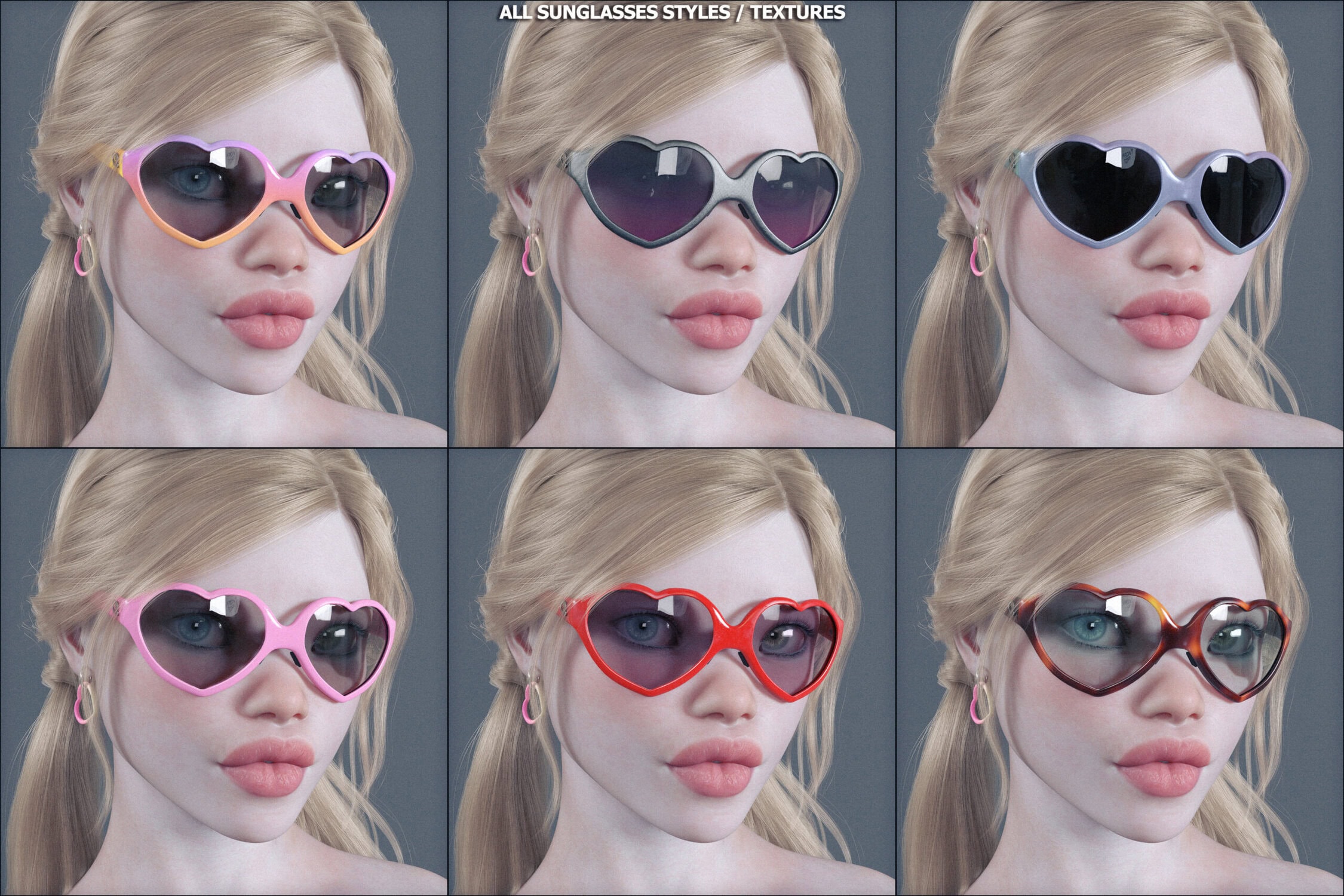 Six stylish portraits of a woman wearing colorful heart-shaped sunglasses showcasing fashion variations.