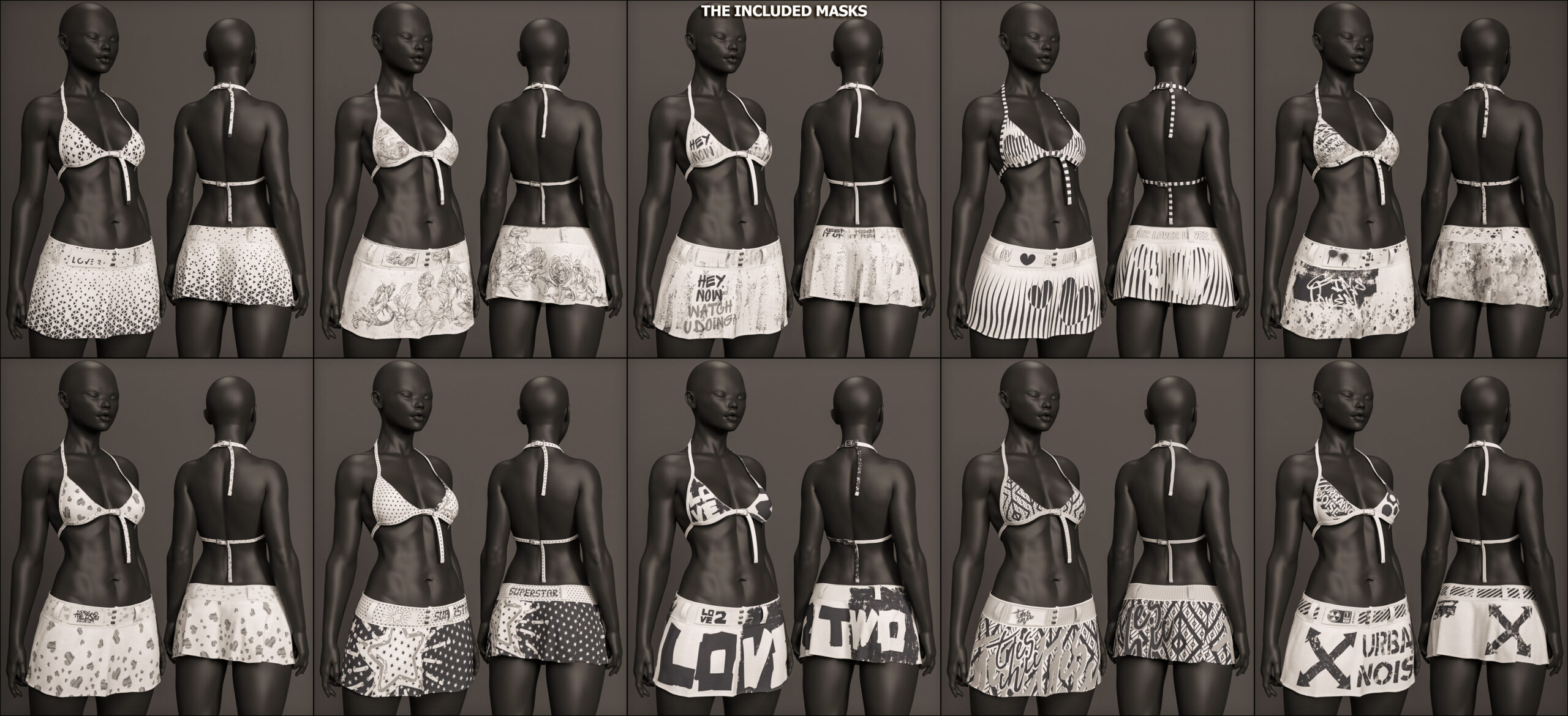 Display of artistic, customizable swimwear on mannequins highlighting bold, creative designs.