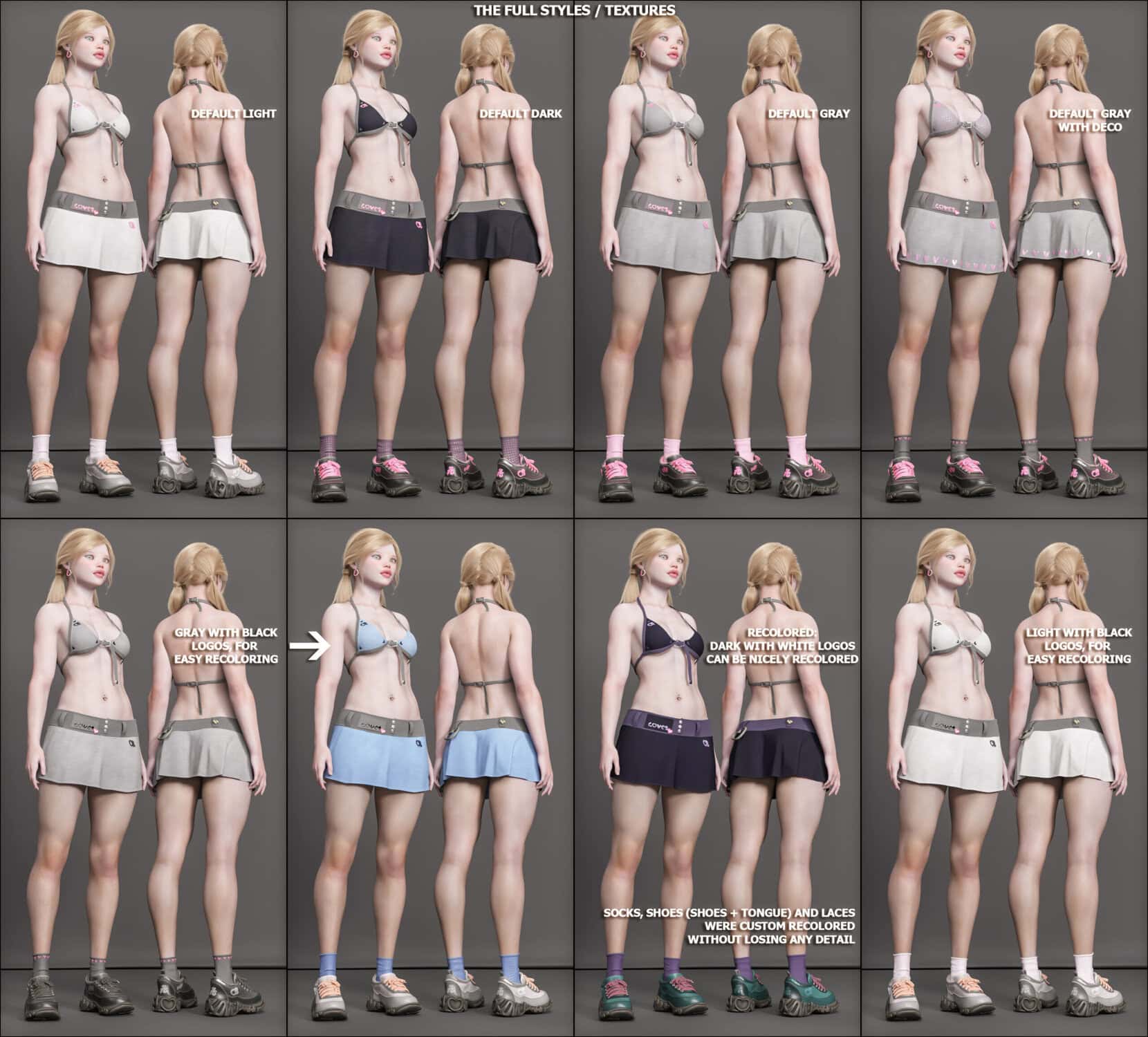 3D female models displaying tennis outfits with varied colors, textures, and realistic fabric details