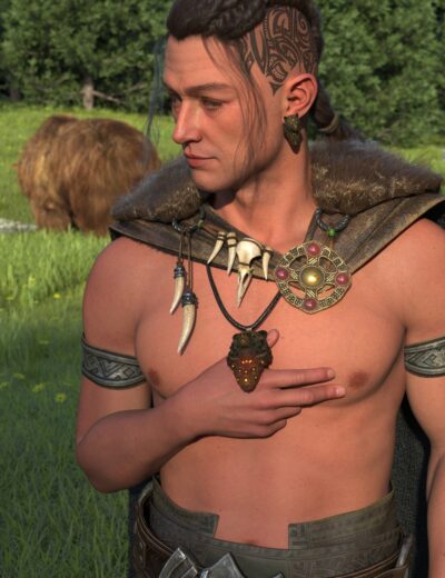 Silent tribal warrior in lush wilderness, adorned with jewelry, reflecting amidst peaceful nature.
