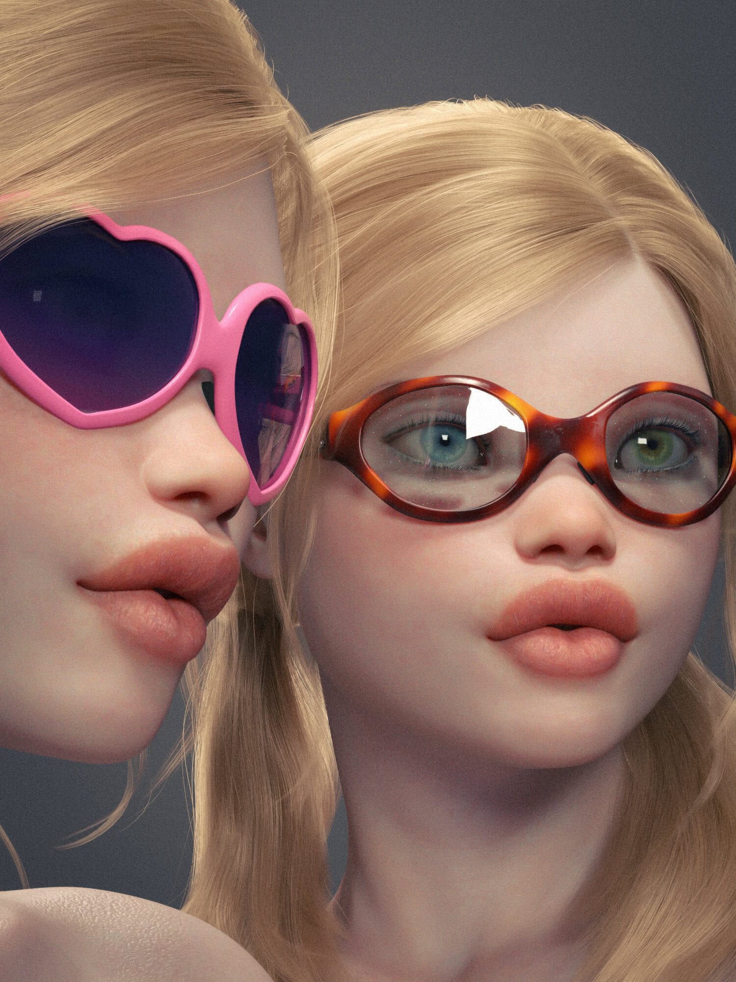 Stylish twin women with flawless skin and contrasting fashionable glasses in a surreal digital portrait.