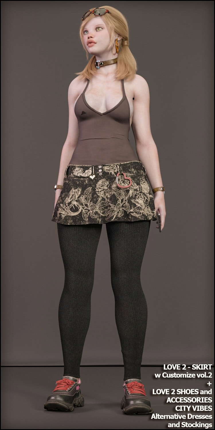 Stylish female digital model in urban streetwear with tank top, mini skirt, and sneakers.