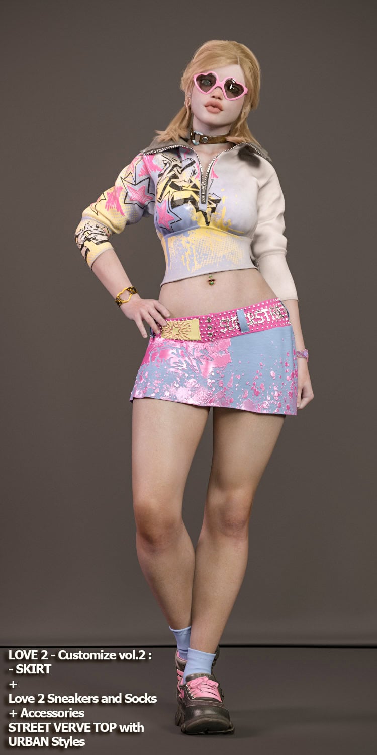 Stylish young woman in colorful urban streetwear with playful accessories and bold, artistic patterns.