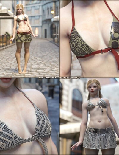 3D female model in urban fashion, detailed textures, European city street background.