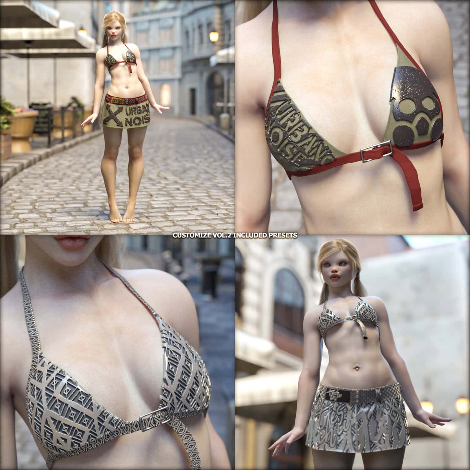 3D female model in urban fashion, detailed textures, European city street background.