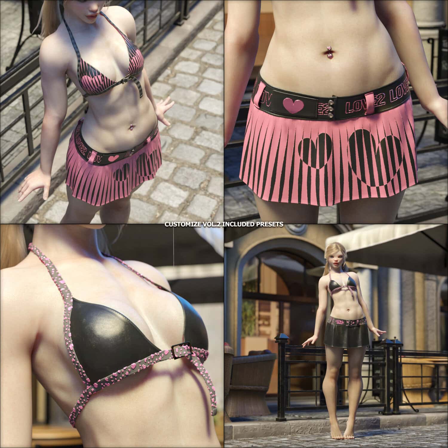 Stylized 3D female character in summer urban outfit with bikini top and pink heart skirt.