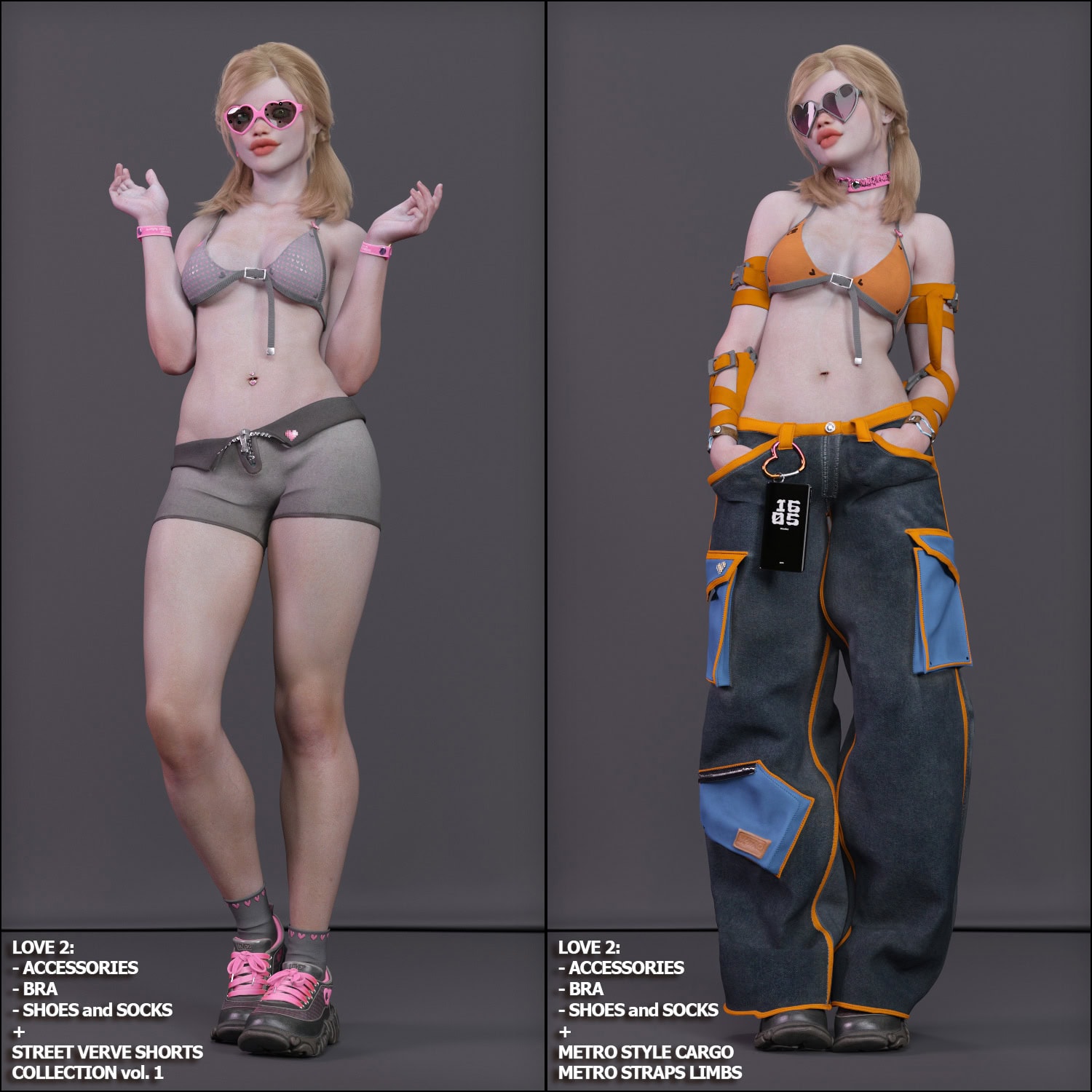 Comparison of futuristic and casual female streetwear digital fashion models.
