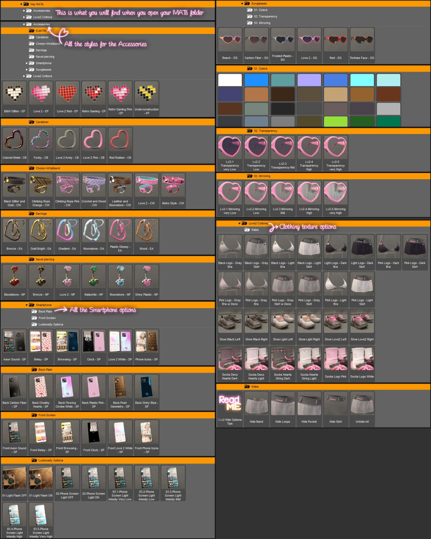 Digital avatar fashion pack with heart accessories, colorful eyewear, and themed clothing options.