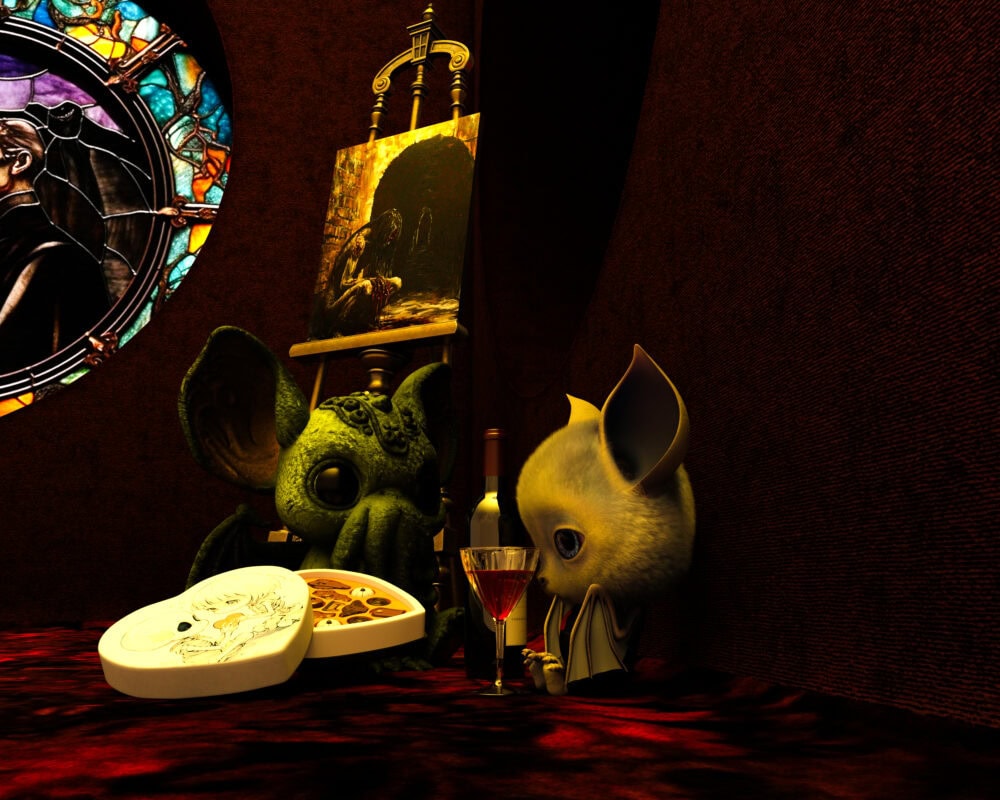 Whimsical plush creatures in an intimate, mystical art scene with wine, cheese, and stained glass light.