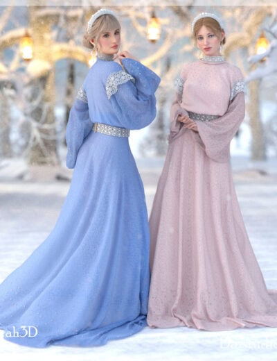 Elegant women in icy blue and blush pink gowns in a magical snowy winter scene with lanterns.