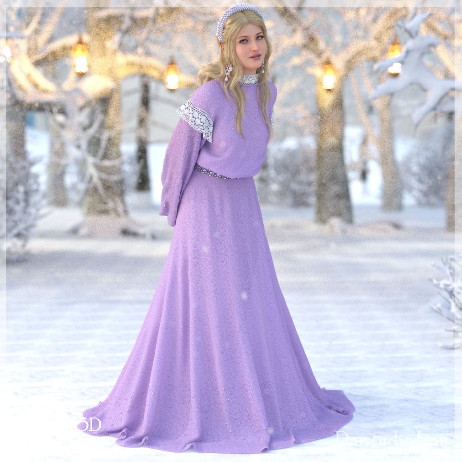Elegant woman in lavender gown amid snowy landscape and glowing lanterns for winter enchantment.