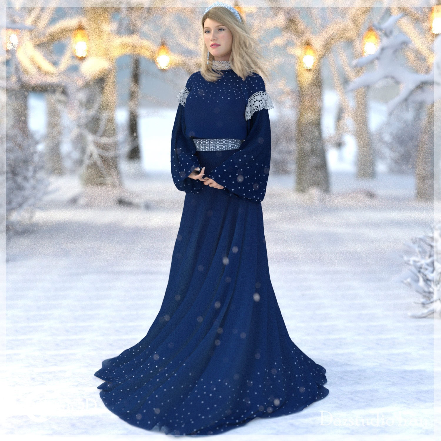 Elegant woman in a starry navy gown amidst snowy trees and glowing lanterns in winter Wonderland.