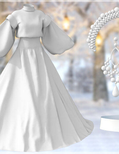 Elegant winter gown with pearl accessories, set against a snowy, lantern-lit winter scene.