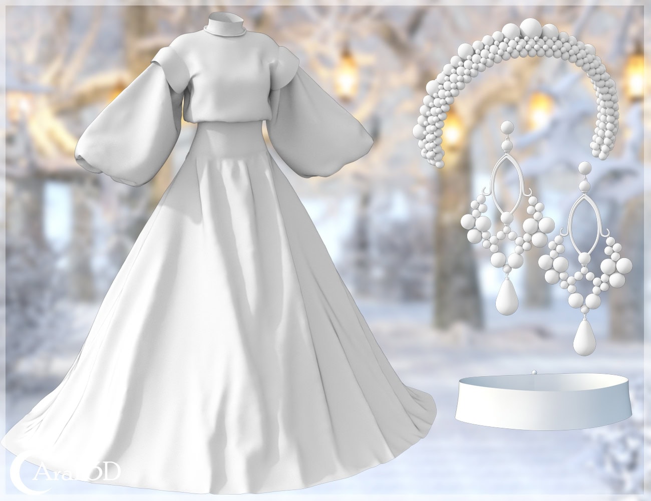 Elegant winter gown with pearl accessories, set against a snowy, lantern-lit winter scene.