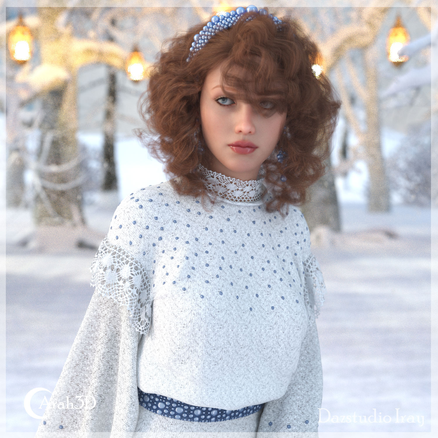 Elegant woman in winter snow with glowing lanterns and vintage-style blue and white dress.