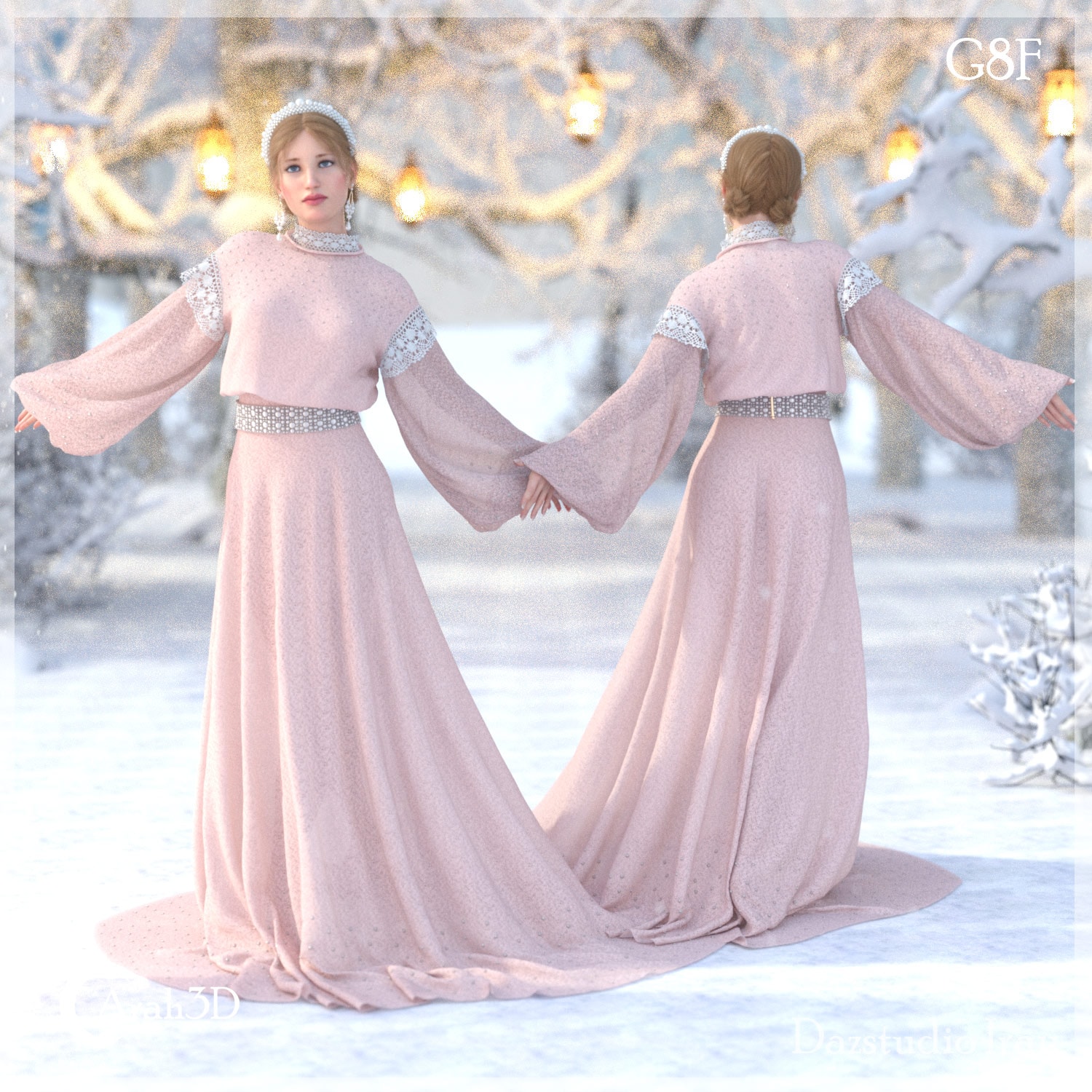 Elegant winter scene featuring a pink gown and glowing lanterns in a snowy forest atmosphere.