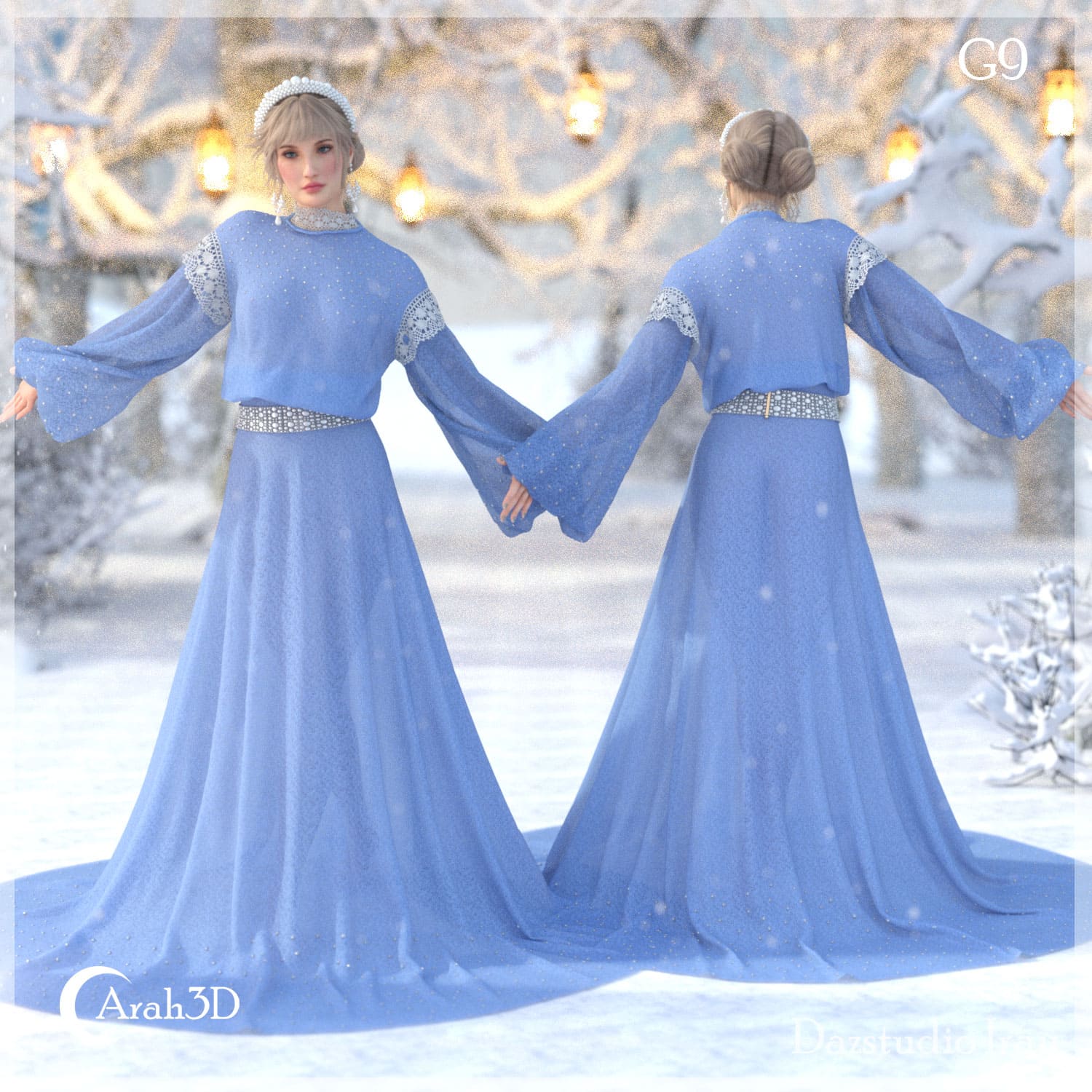 Elegant icy blue winter gown with bell sleeves, snow queen, in magical snowy landscape.