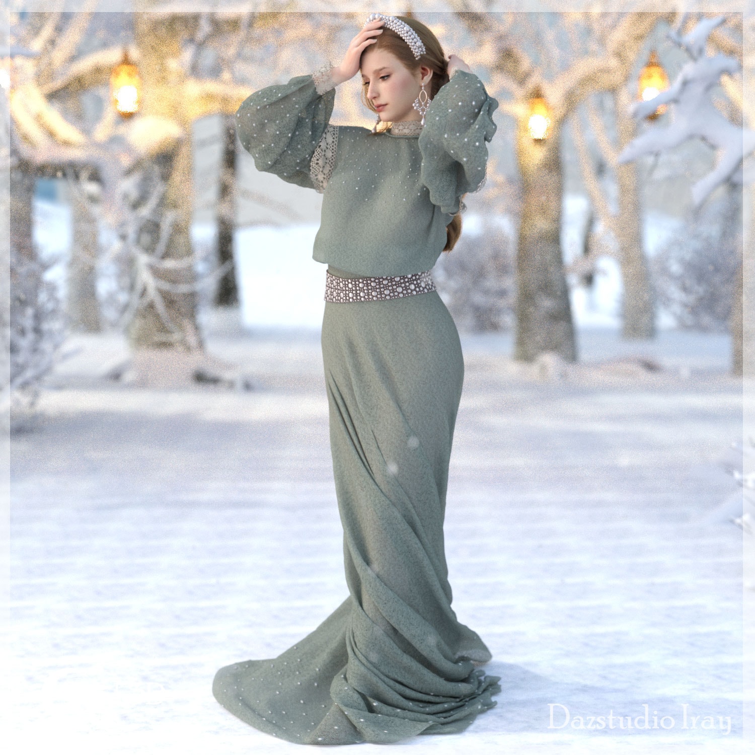 Elegant woman in green gown amidst glowing lanterns in enchanted snowy winter landscape.