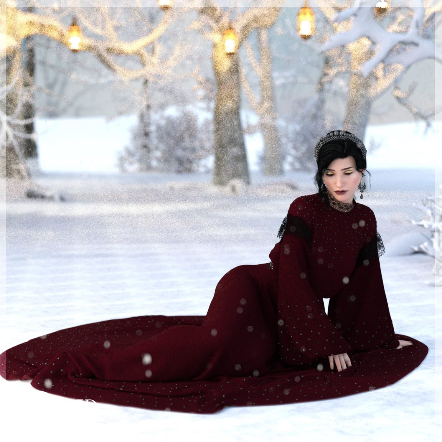 Elegant winter scene with regal woman in burgundy gown, snow, lanterns, and magical twilight glow.