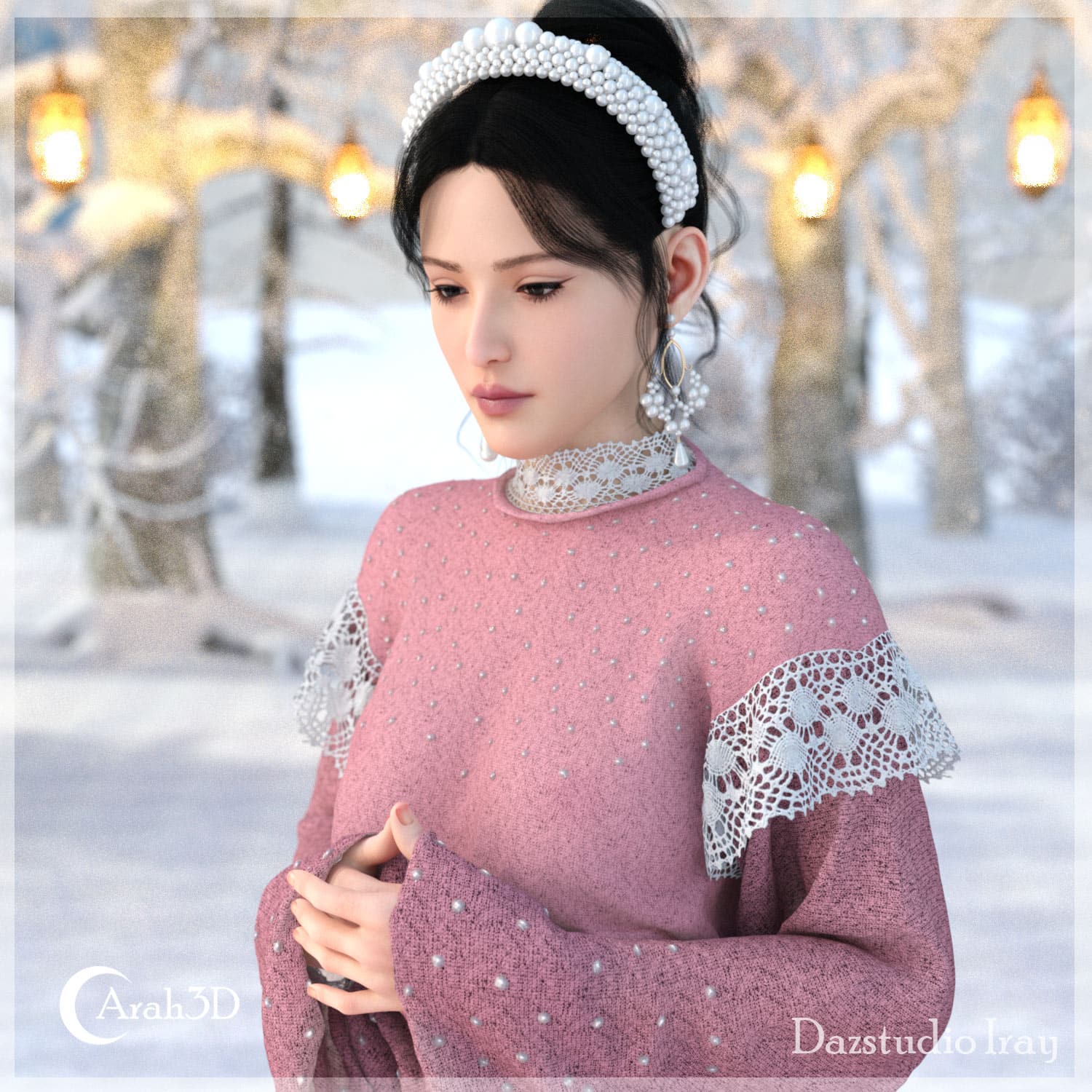 Young woman in pink lace winter dress amidst snowy forest with glowing lanterns and regal pearl headband.