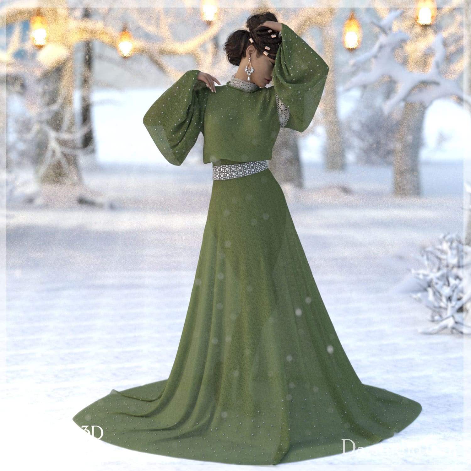 Elegant woman in olive green gown with dramatic sleeves in snowy winter landscape.