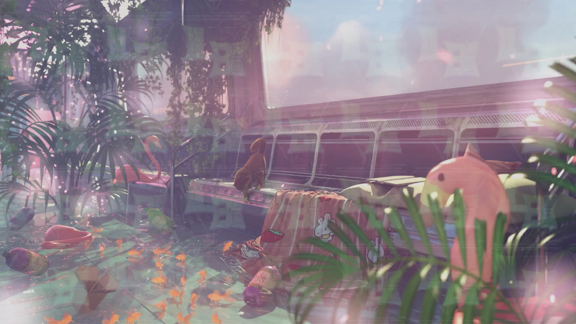 Overgrown subway car filled with tropical plants, colorful birds, and vibrant fish in a surreal, peaceful sanctuary.