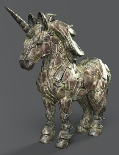 Weathered stone unicorn statue with armored plating, ancient guardian sculpture with mystical, mythical, and fantasy themes.